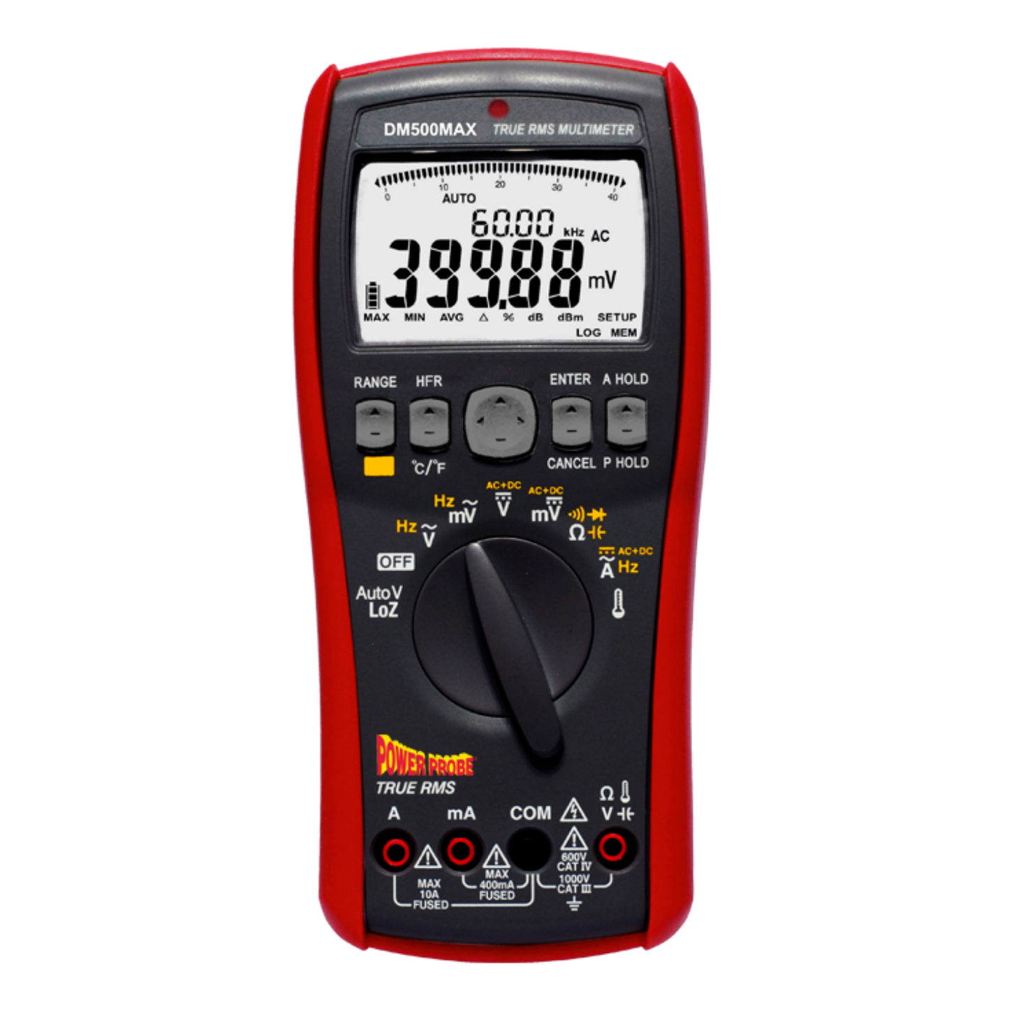 Power Probe DM500MAX TRMS logging multimeter front panel and dual display