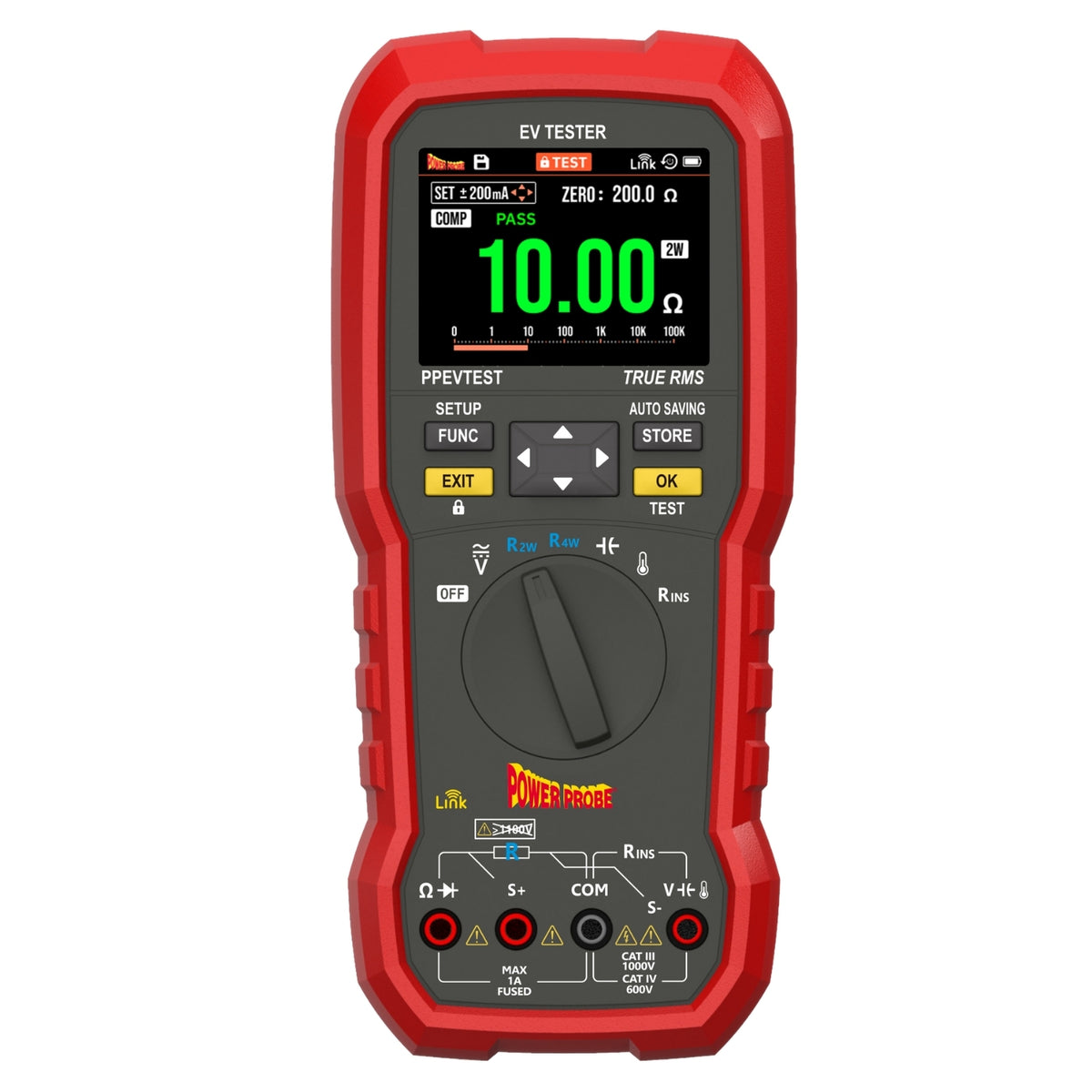 Power Probe PPEVTEST EV Tester front panel showing the 2.8 inch TFT display, rotary function dial and CAT III 1000V/CAT IV 600V input terminals