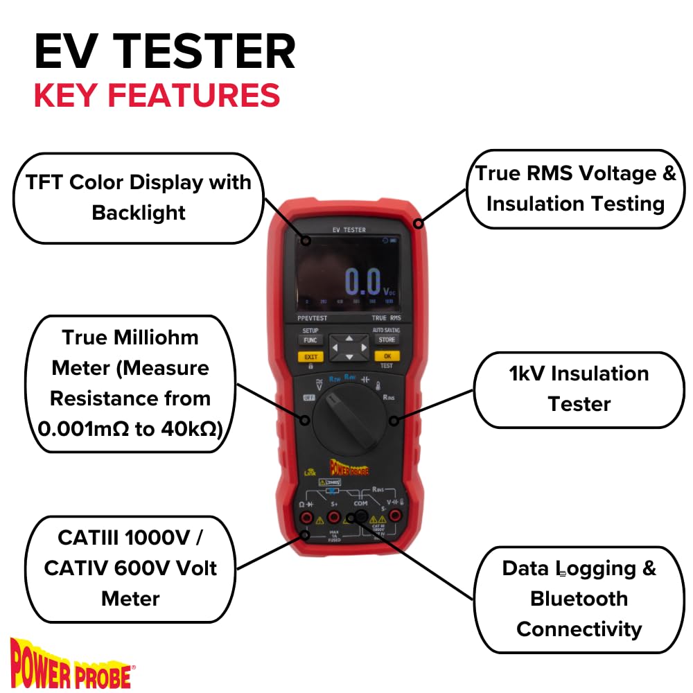 Power Probe PPEVTEST key features: TFT colour display, True RMS voltage and insulation testing, true milliohm meter, CAT III/IV rating, Bluetooth data logging