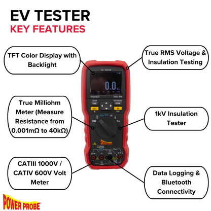 Power Probe PPEVTEST key features: TFT colour display, True RMS voltage and insulation testing, true milliohm meter, CAT III/IV rating, Bluetooth data logging