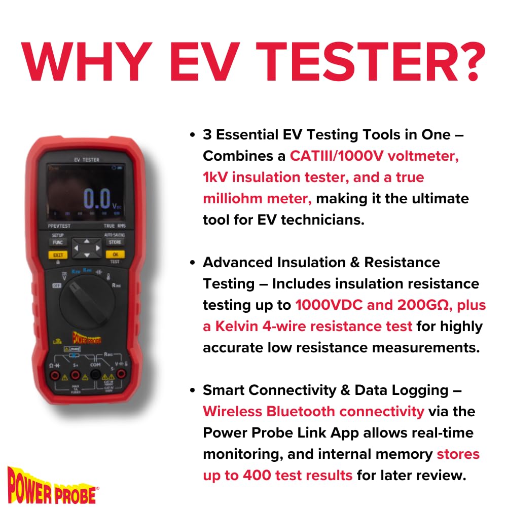 Power Probe PPEVTEST EV Tester with three essential EV testing tools in one: CAT III 1000V voltmeter, 1kV insulation tester and true milliohm meter