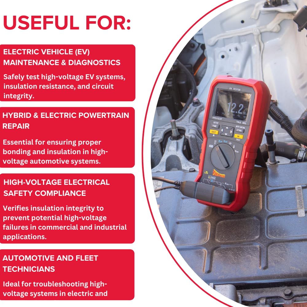 Power Probe PPEVTEST EV Tester measuring voltage on an electric vehicle high-voltage system under the bonnet