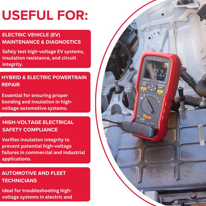 Power Probe PPEVTEST EV Tester measuring voltage on an electric vehicle high-voltage system under the bonnet