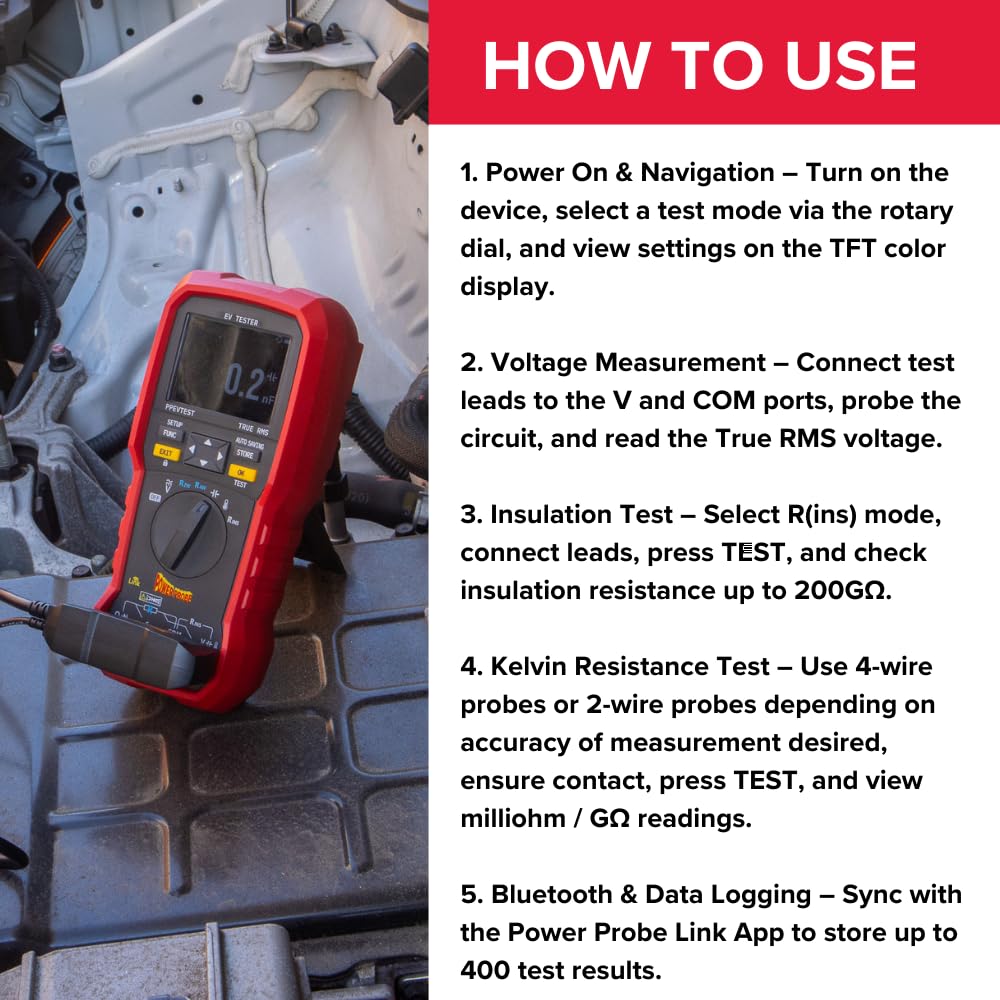 Power Probe PPEVTEST EV Tester how-to-use steps: power on, voltage measurement, insulation test, Kelvin resistance test, Bluetooth data logging