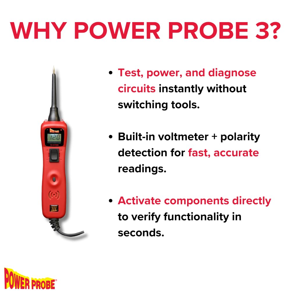 Power Probe 3 clamshell pack contents — tester, cable, probe tip, clips
