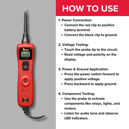 Power Probe 3 how-to-use steps: power connection to the battery, voltage testing, power and ground application, and component testing