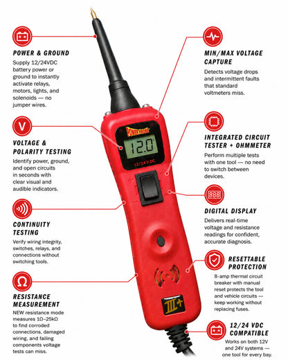 PP3+ functions — power, ground, voltage, polarity, continuity, resistance