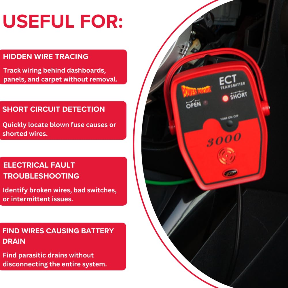 Power Probe PPECT3000 transmitter clipped to a vehicle wiring harness, useful for hidden wire tracing, short circuit detection, electrical fault troubleshooting and finding battery drain