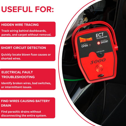 Power Probe PPECT3000 transmitter clipped to a vehicle wiring harness, useful for hidden wire tracing, short circuit detection, electrical fault troubleshooting and finding battery drain