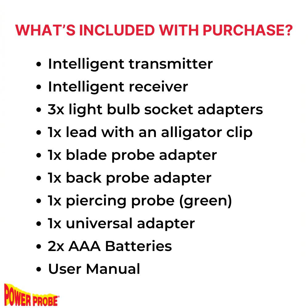 What's included with the Power Probe PPECT3000 kit: intelligent transmitter and receiver, 3 light bulb socket adapters, alligator clip lead, blade and back probe adapters, piercing probe, universal adapter, AAA batteries and user manual