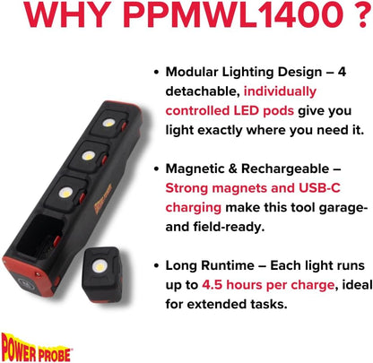 Power Probe PPMWL1400 1400 Lumen Modular Work Light with Detachable LED Pods
