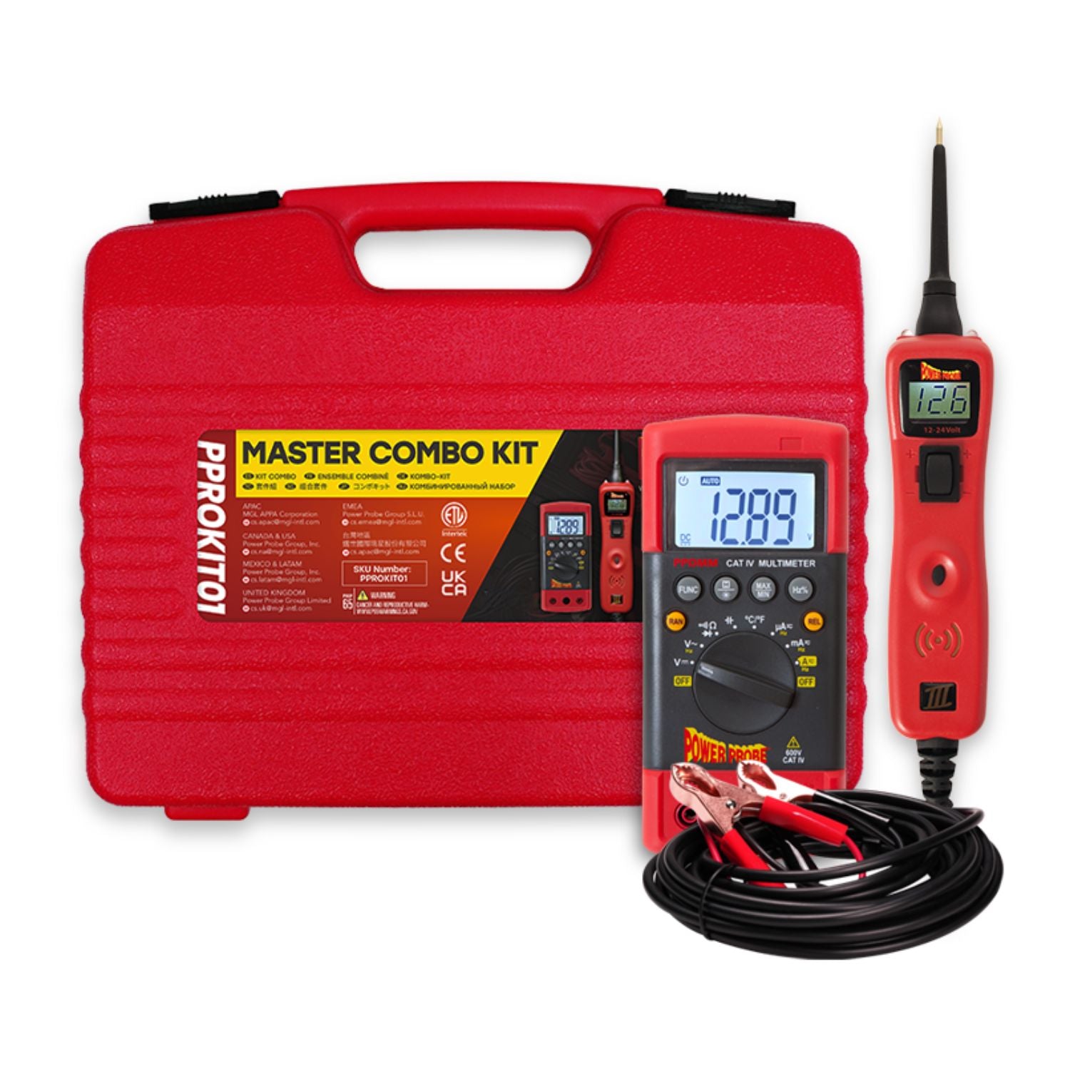 Power Probe PROKIT01 professional electrical test kit laid out with red carrying case