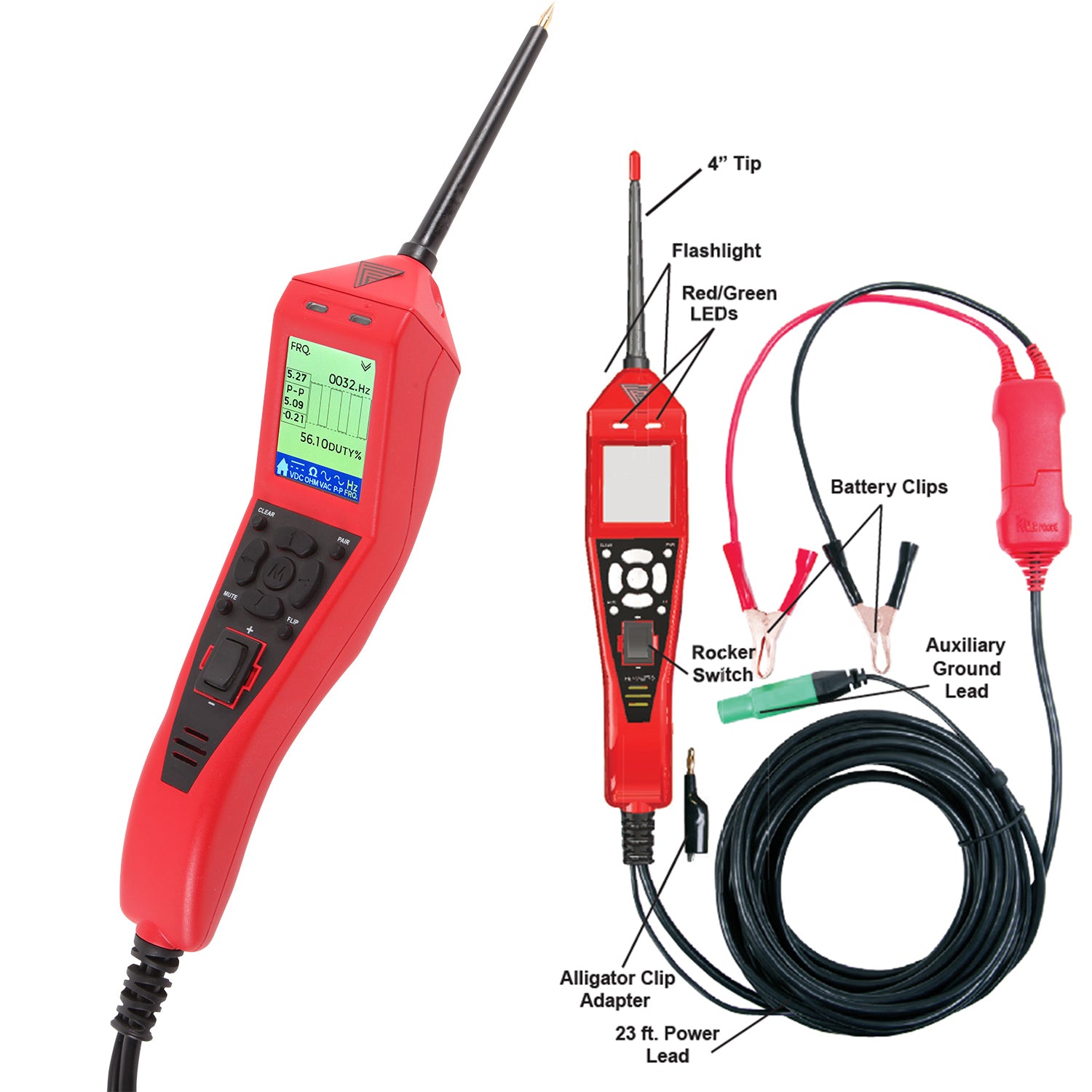 Power Probe Maestro labelled diagram — tip, LEDs, rocker switch, buttons