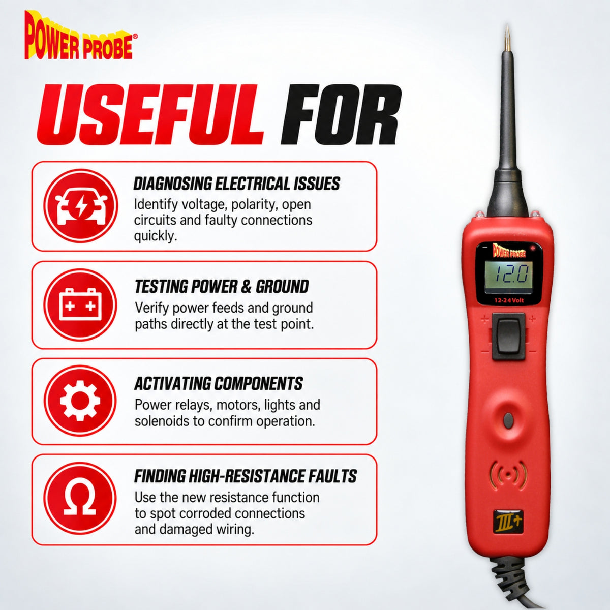 PP3+ circuit tester uses: diagnose electrical faults, test power and ground, activate components, find high-resistance faults