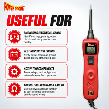 PP3+ circuit tester uses: diagnose electrical faults, test power and ground, activate components, find high-resistance faults