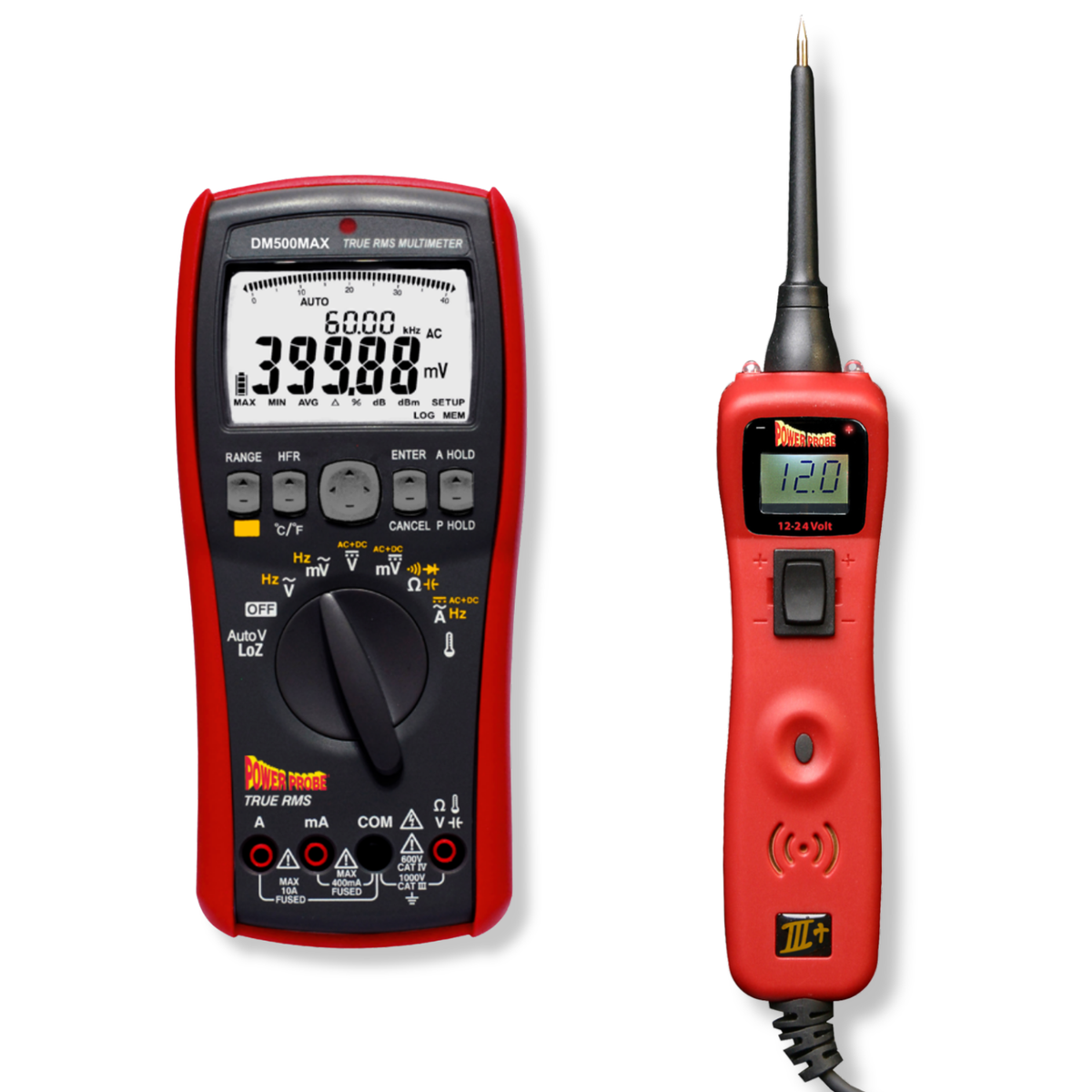 Power Probe PP3+ circuit tester and DM500MAX True RMS multimeter bundle, shown side by side
